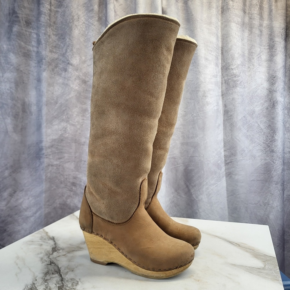 RARE Sven Shearling Knee High Clog Boots Women's 37 Tan Suede